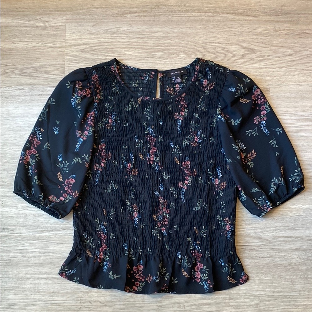 Navy Blue Floral Smocked Top Size Large